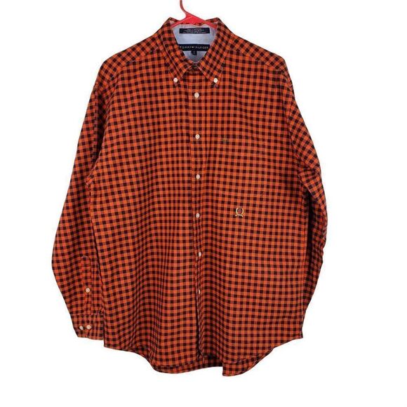 Tommy Hilfiger Button Down Shirt Long Sleeve Orange Blue Check Men's Size M - Picture 1 of 11